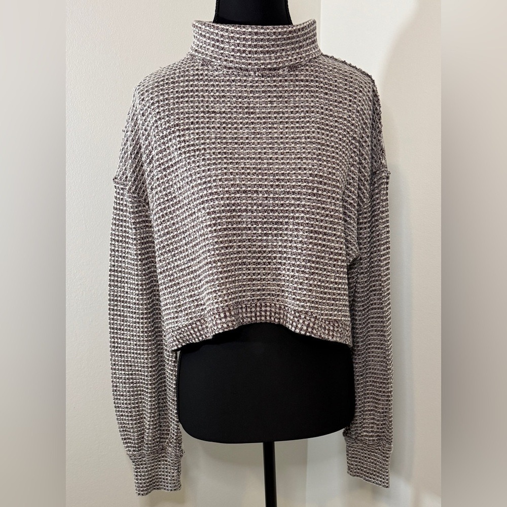 Free People Be Free Mock Neck Cropped Waffle Knit Sweater Maroon Cream Size M
